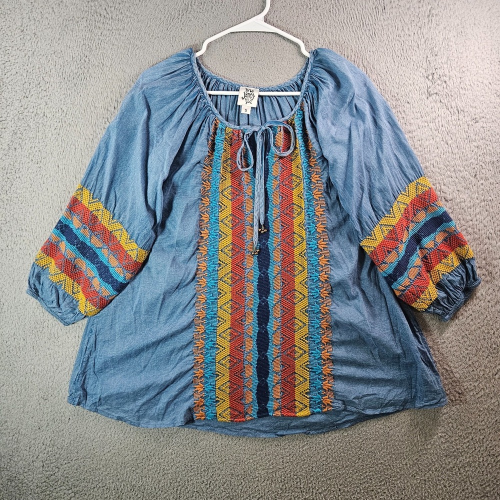 Ivy Jane Embroidered Top Blouse Women Small Tie Neck Blue